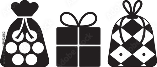 Black and White Gift Bag and Present Icons – Silhouette Vector Set of Decorative Holiday Packaging, Birthday Gift Box, Festive Wrapping Designs for Christmas, New Year, and Celebrations