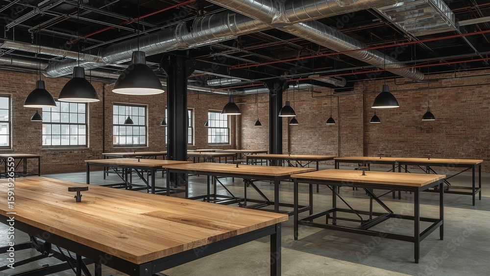 Obraz premium Industrial style team workspace with steel framed workbenches, hanging task lighting, and concrete flooring in renovated warehouse office