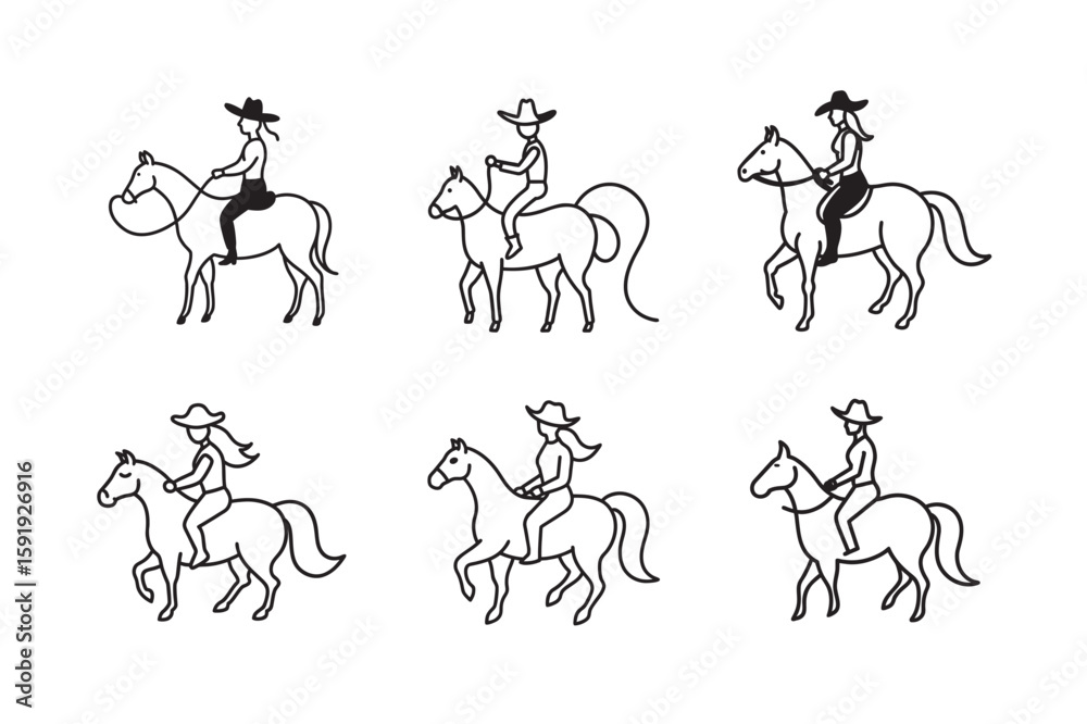 Fototapeta premium simple black line art of cowgirl sitting set bundle on the white background
