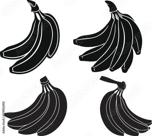 Banana vector set, fruit icon collection, tropical symbol group, flat style illustrations of peeled and whole bananas, healthy food graphic bundle, organic snack elements for nutrition designs