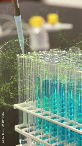 Animation of illuminated dna helix over cropped hand of scientist injecting liquid in test tubes