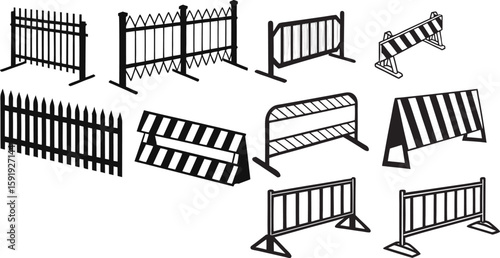 Barricades vector set, safety icon collection, construction symbol group, roadblock illustrations, barrier graphic bundle, caution design pack, traffic control elements and hazard icons