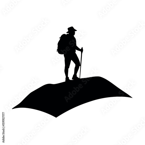 Explorer hiking up scenic hill trail alone Line Art Vector illustration