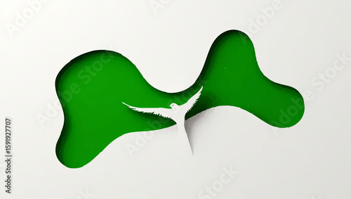 Green Dove Flying Between Abstract Shapes


