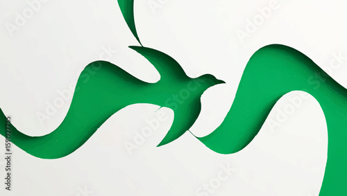 Green Dove Flying Between Abstract Shapes

