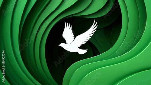 Green Dove Flying Between Abstract Shapes

