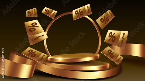 Golden coupons with percentage fly near podium. Vector illustration