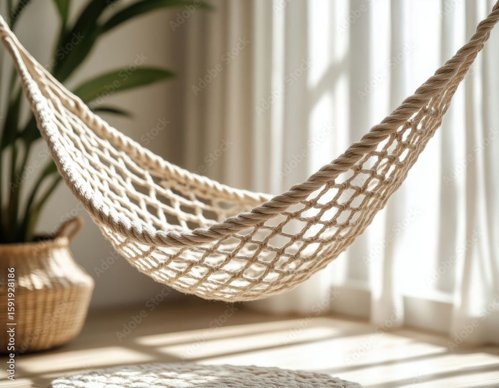 Obraz premium Decorative mini hammock with rope detail, suspended and empty