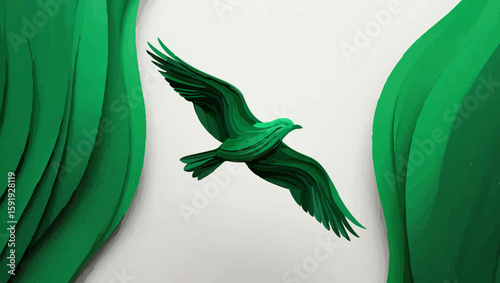 Green Dove Flying Between Abstract Shapes

