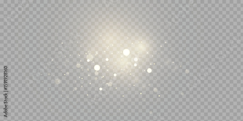 Bokeh glow background of sparkling dust, gold dust light, background with bokeh light effect, yellow shimmering glow with bokeh and glitter light. Vector