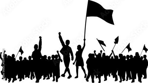 Silhouette of a large crowd of people marching and protesting with flags raised in the air together
