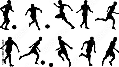 Silhouettes of soccer players in various poses dribbling and kicking balls on a white background image