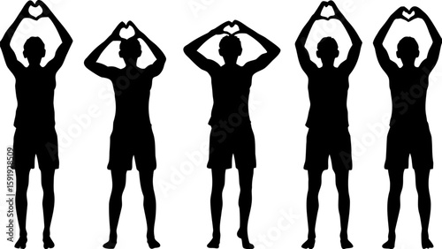 Silhouettes of five people making heart shapes with their hands above their heads in black and white