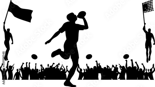 Silhouette of rugby player kissing ball with fans and flags celebrating victory in black and white style