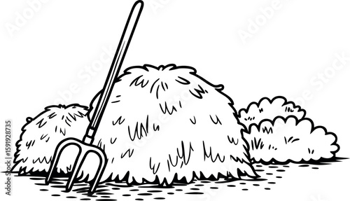 "Haystack with Pitchfork – Hand Drawn Rural Farm Scene Illustration"