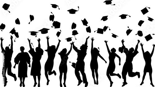 Silhouette of graduates tossing graduation caps in the air celebrating their success and achievement