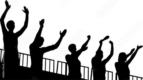 Silhouette of a crowd cheering with arms raised behind a railing in black and white illustration