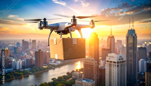 Wallpaper Mural Drone delivery of package over cityscape at sunset Torontodigital.ca