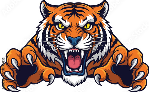 A fierce tiger roars with sharp claws, stripes, and striking yellow eyes against a clean transparent background design.