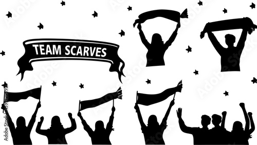 Silhouetted crowd cheering with scarves and flags under a banner that reads team scarves and stars above