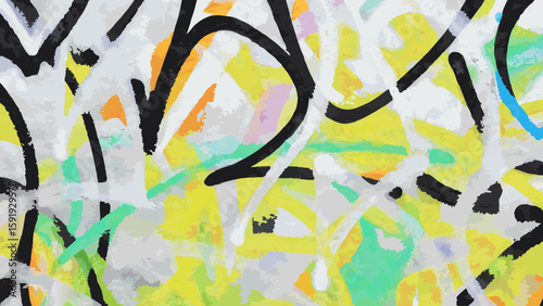 Abstract expressionism painting with black lines and various colors on a textured white background