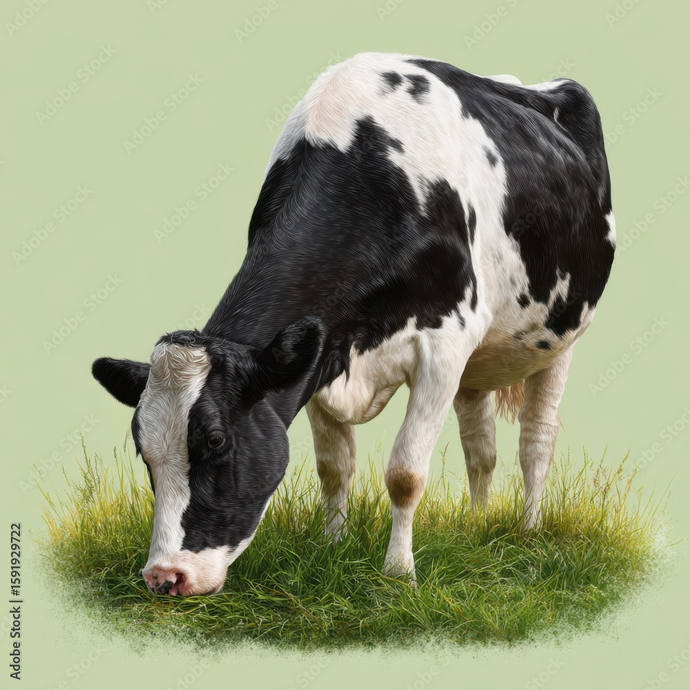 A detailed realistic painting of a black and white holstein cow grazing peacefully on a lush green grassy pasture A detailed realistic painting of a black and white holstein cow grazing peacefully on a lush green grassy pasture