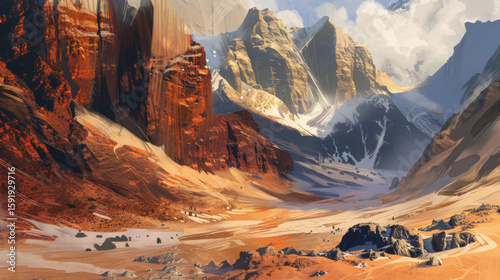 Mountain Peaks with Golden Hue, Generative AI Illustration