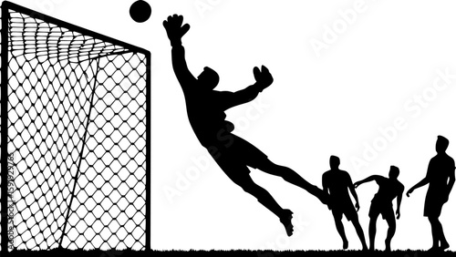 Silhouette of a goalkeeper diving to block a soccer ball near the goalpost with other players nearby