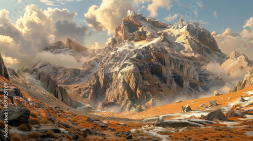Mountain Peaks with Golden Hue, Generative AI Illustration