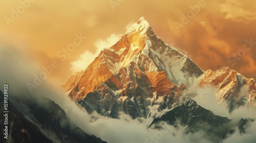 Mountain Peaks with Golden Hue, Generative AI Illustration