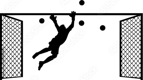 Goalkeeper silhouette diving to save balls in a soccer goal with net and horizontal bar design element