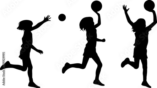 Silhouette sequence of a girl playing with a ball in three different stages of the game action