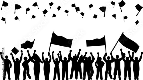Silhouette of a crowd of people protesting with flags and raised hands in a black and white illustration