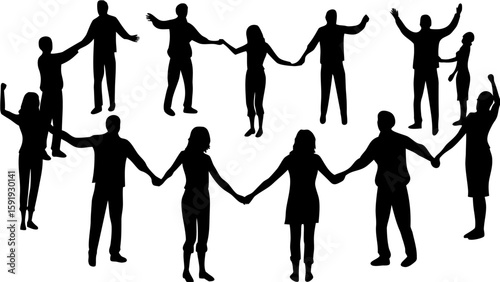 Silhouette illustration of a group of people holding hands in a circle formation together united and happy