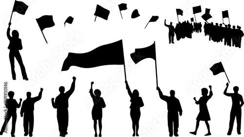 Silhouette of people protesting with flags and raised fists in a demonstration or political rally scene