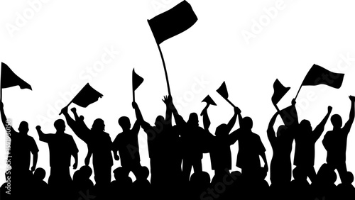 Silhouette of a crowd of people protesting and waving flags in the air with raised fists and arms up