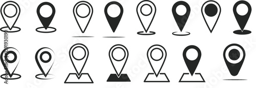 map pointer icons set — gps location pin symbols for navigation, travel, destination, geolocation app, black and white vector design for maps and UI/UX