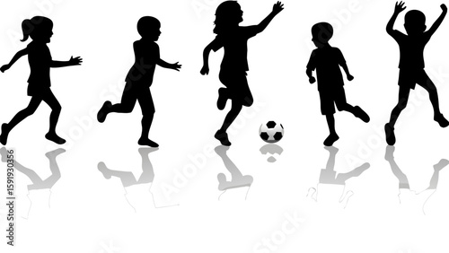 Silhouette of children playing soccer with reflections on a white surface in black and white style