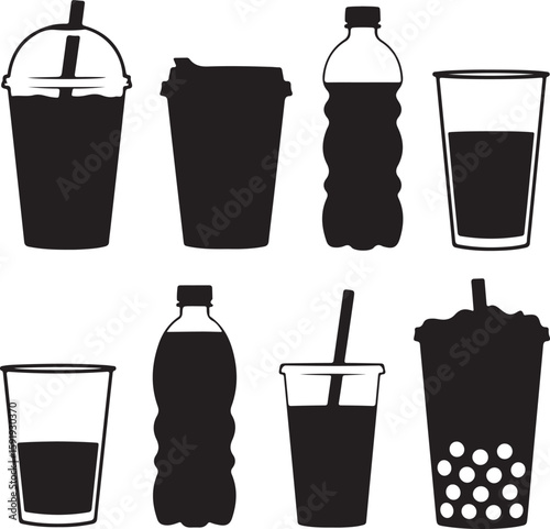 Assorted beverage containers with straws and lids drink