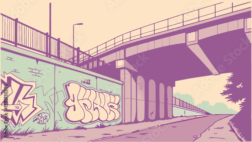 Illustration of a graffiti covered wall under a bridge with a road leading into the distance