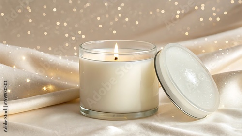 Elegant scented candle with glittering lid on silky fabric