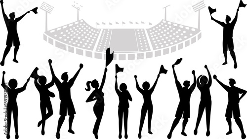 Silhouette of cheering crowd with flags in front of a stadium with lights in the background scene view