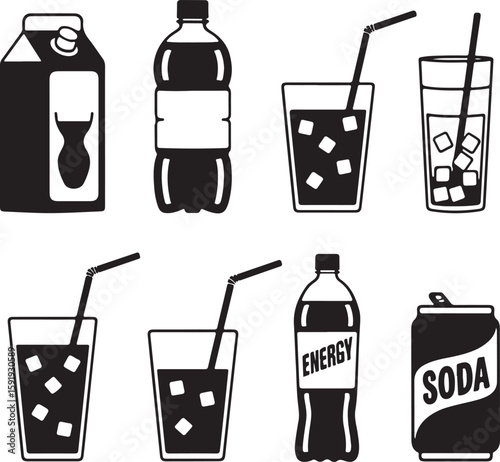 Beverage icons milk bottle soda energy drink ice cubes