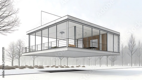 Modern cantilevered glass house floats above a snowy landscape