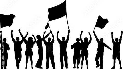 Silhouette of a crowd of people raising their arms and holding flags in a show of solidarity and protest