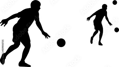Silhouette of two men juggling balls in a white background, one man juggling three balls and the other one