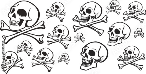 Black Line Danger Skull Crossbone Icons Set including Flat Poison Pirate and Warning Symbol Collection with Minimal Hazard Icon Group for UI Web Label Sign and Risk Alert Projects