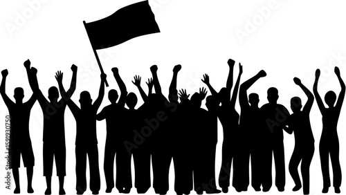 Silhouette of a crowd of people cheering with raised arms and a flag waving in the air above them