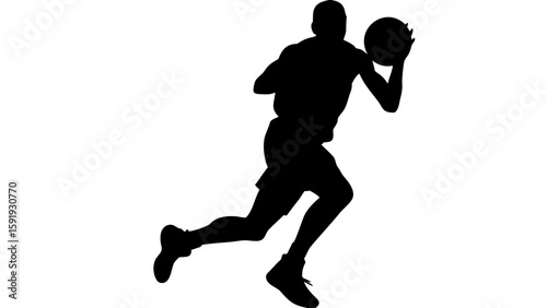 Silhouette of a basketball player dribbling the ball while running in a dynamic pose on white background