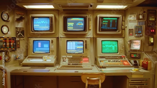 Vintage computer monitors and retro control room dashboard displaying colorful data and graphs in warm lit old school futuristic office environment